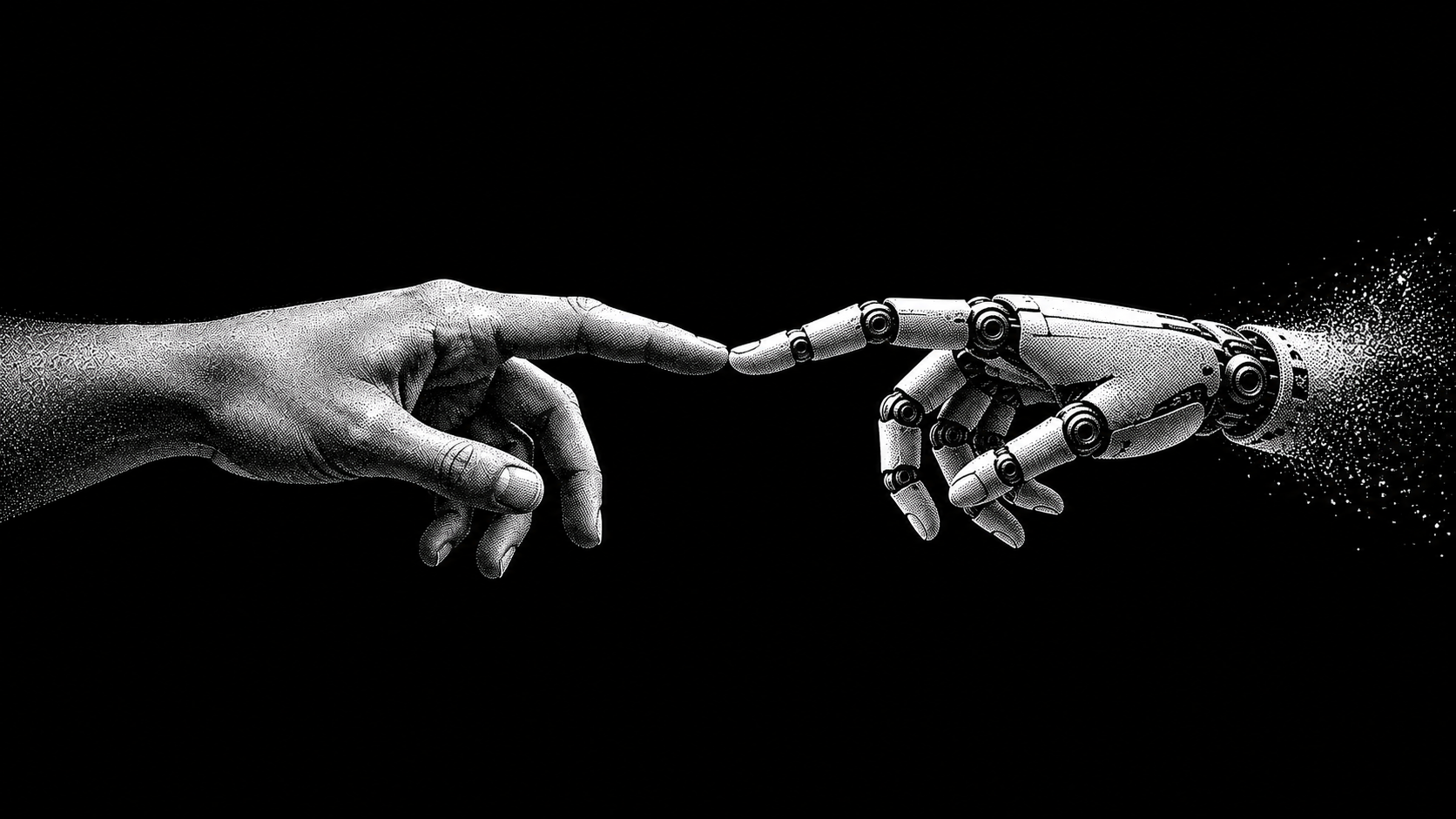 A human hand reaching toward an AI hand.